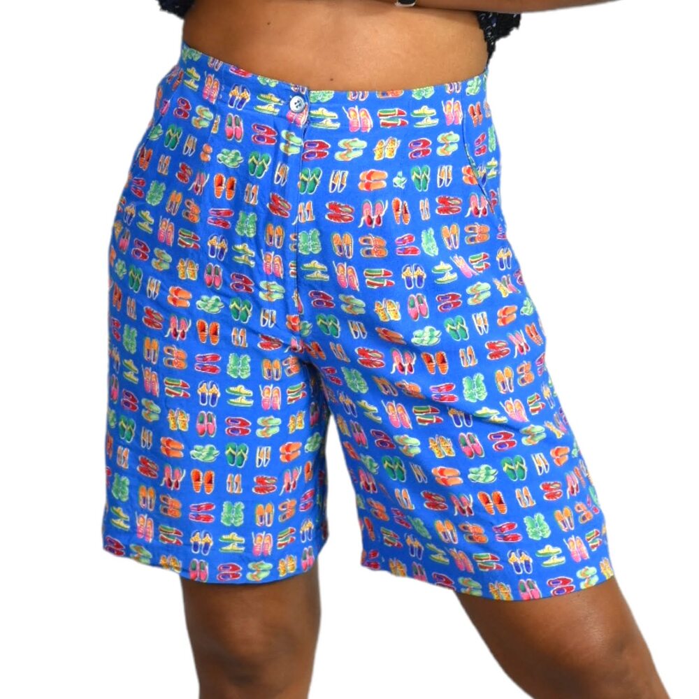 Vintage Novelty Shorts Blue Printed Silky High Waist Long Longline Shoes Medium